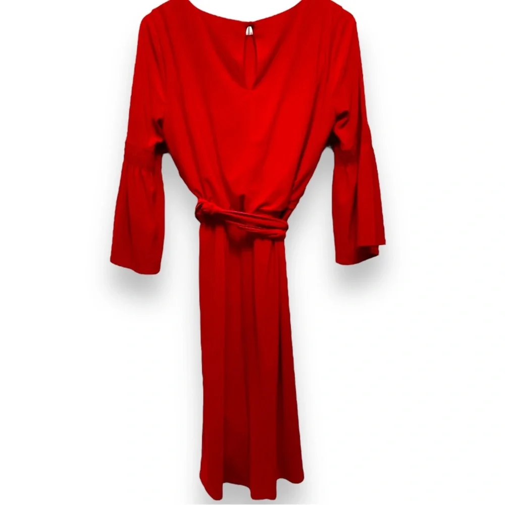 3/15 💚 Emma & Michele Red Midi Belted Faux Wrap Dress Bell Sleeves Scoop Neck